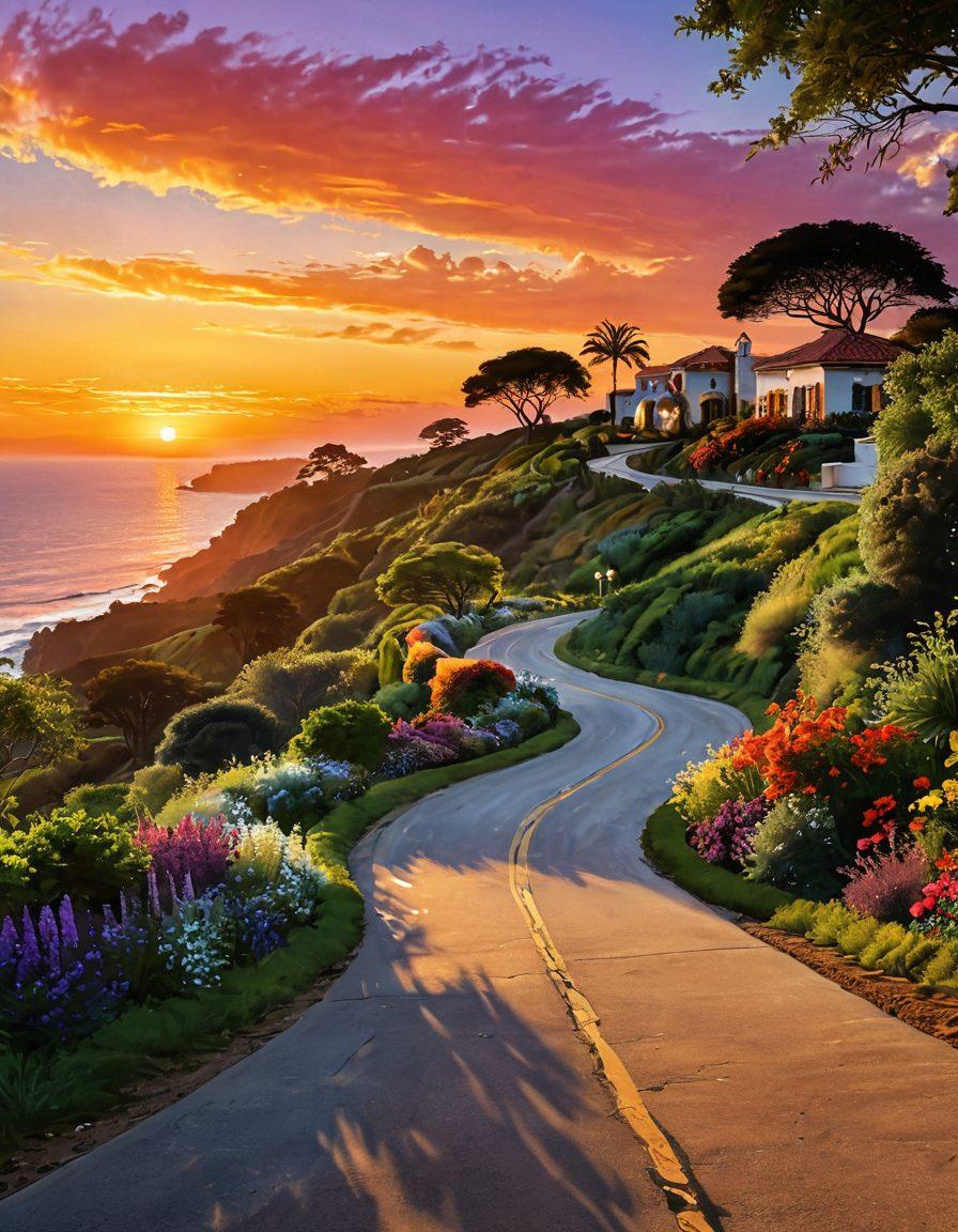 A serene landscape showcasing a winding road leading to a horizon filled with vibrant sunsets, symbolizing freedom. Along the path, diverse individuals engage in joyful conversations and intimate moments, capturing the essence of libertine lifestyles. Add lush greenery and whimsical architecture in the background, representing various intimate narratives. The mood is euphoric and liberating. super-realistic. vibrant colors. dreamy atmosphere.