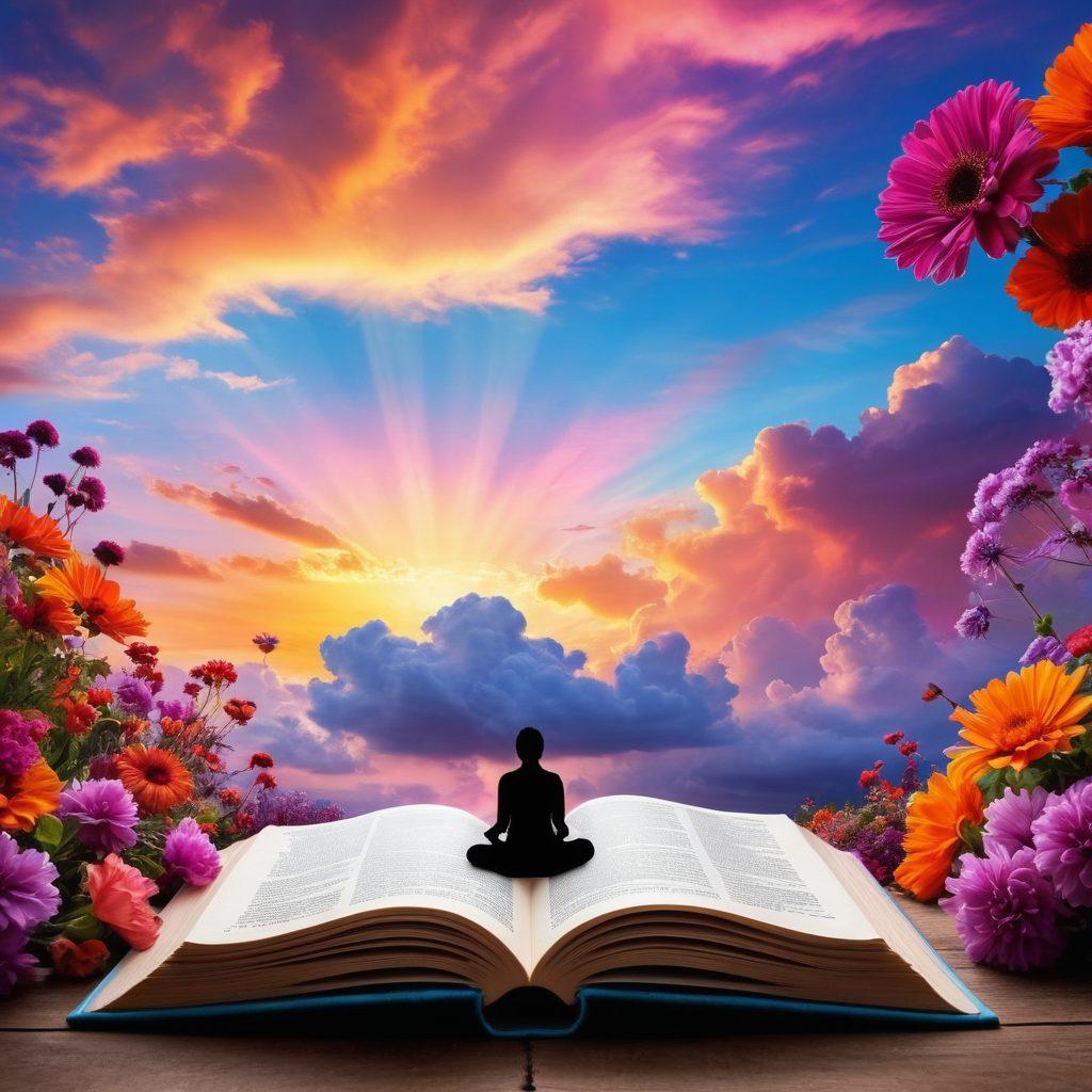 An open journal with colorful pages fanned out, symbolic of self-expression, surrounded by vibrant flowers symbolizing freedom. Include a silhouette of a person meditating in the background, radiating colors of joy and pleasure. Soft, dreamy clouds in the sky representing thought and philosophy. A playful, inviting atmosphere to captivate the essence of hedonism. vibrant colors. dreamy style.